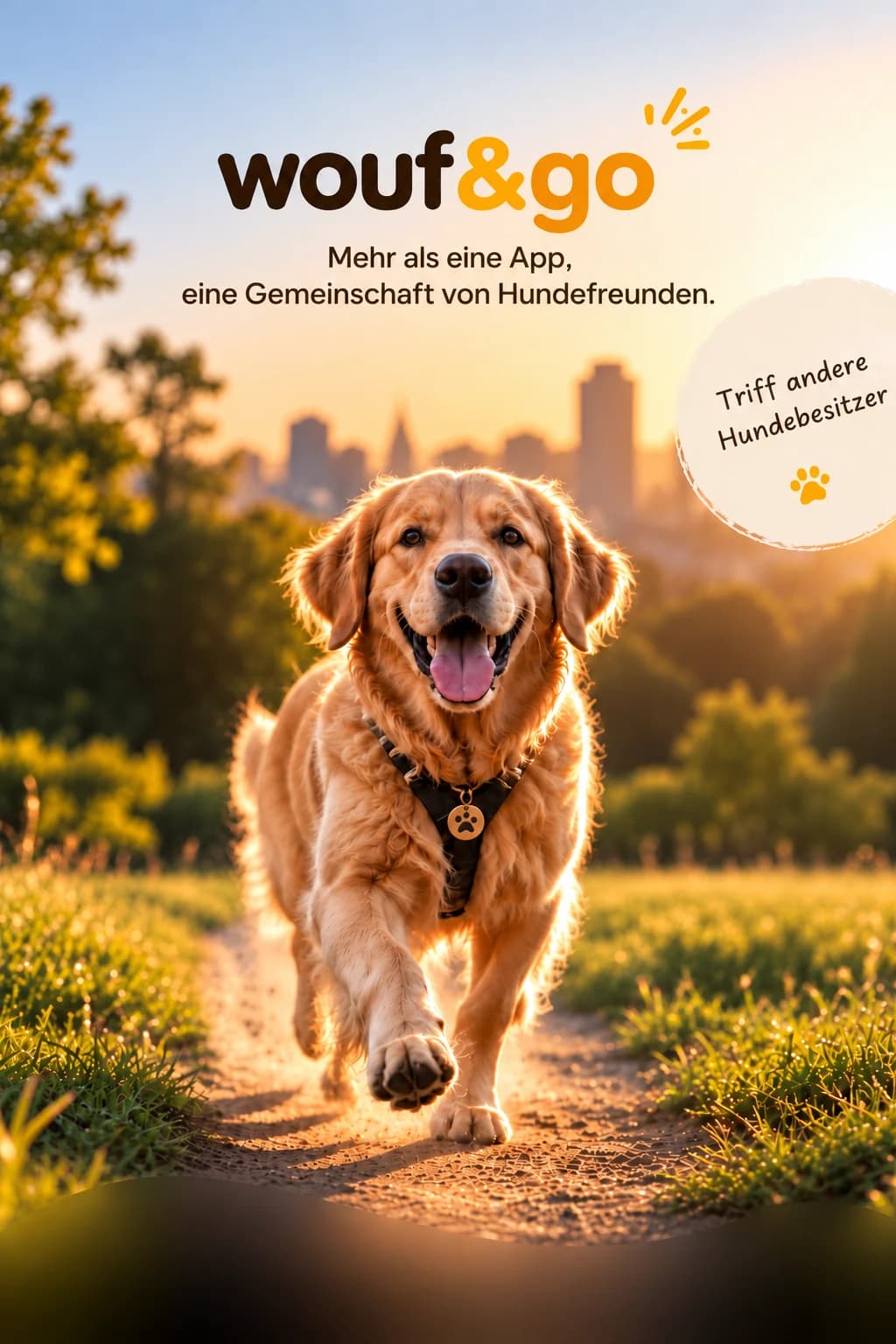Mehr als eine App,
eine Gemeinschaft für Hundefreunde. Wouf & Go: Ein Golden Retriever spaziert im Sonnenuntergang. Spaziergänge, die verbinden, Begegnungen mit anderen Hundebesitzern und hundefreundliche Orte.