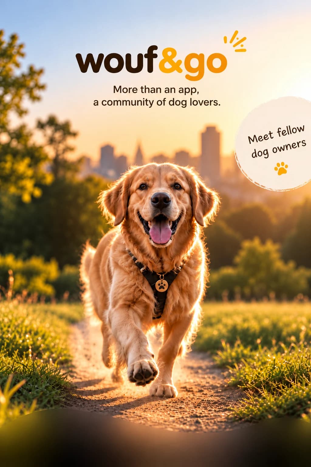 More than an app,
a community of dog lovers. Wouf & Go: a golden retriever walks in the sunset. Walks that bring people together, fellow dog owners and dog-friendly places.