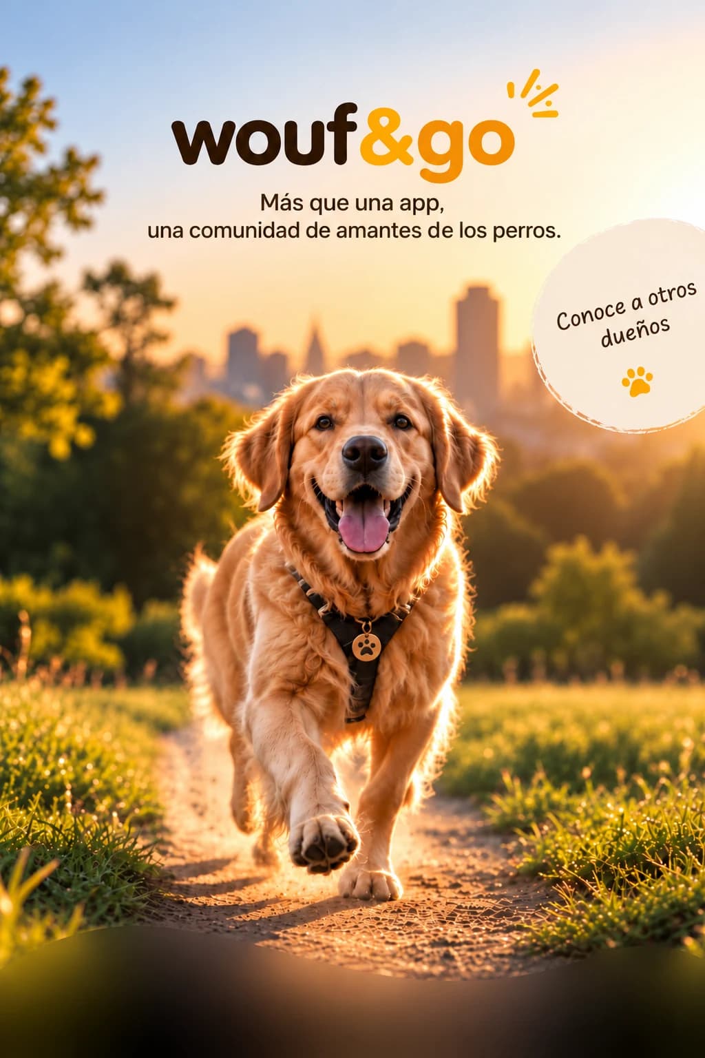 Más que una aplicación,
una comunidad de amantes de los perros. Wouf & Go: un golden retriever pasea al atardecer. Paseos que crean lazos, encuentros entre dueños y lugares que admiten perros.