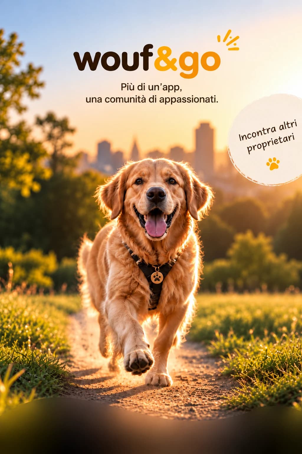 Più di un’app,
una comunità di amanti dei cani. Wouf & Go: un golden retriever passeggia al tramonto. Passeggiate che creano legami, incontri tra proprietari e luoghi che accolgono i cani.