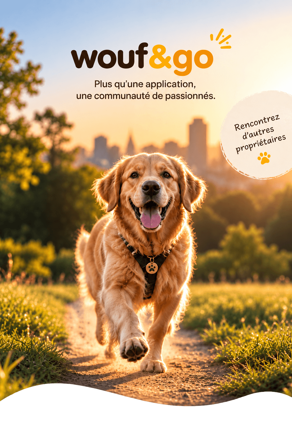Plus qu’une application,
une communauté de passionnés. Wouf & Go : un golden retriever se promène au soleil couchant. Des balades qui créent du lien, des rencontres entre propriétaires et des lieux dog-friendly.
